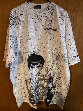 HYPLAND White Anime Graphic Tee with Black Splatter